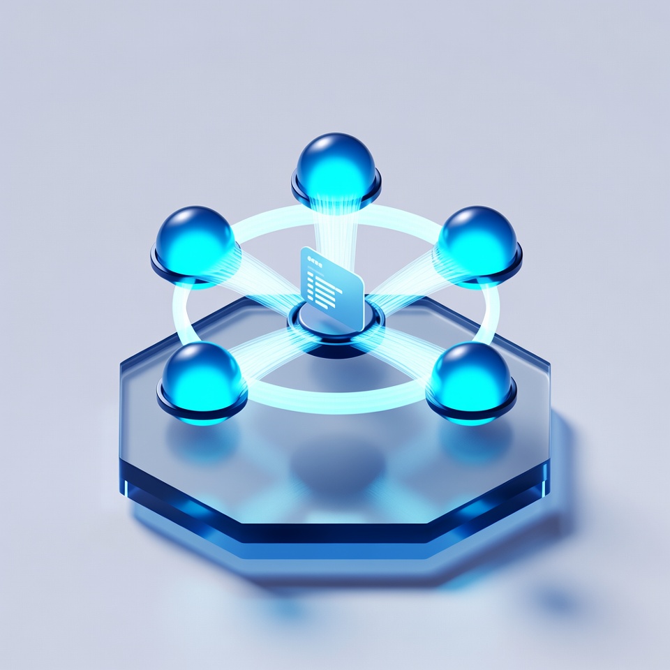 Central orchestrator hub routing tasks to five AI agent orbs working in parallel