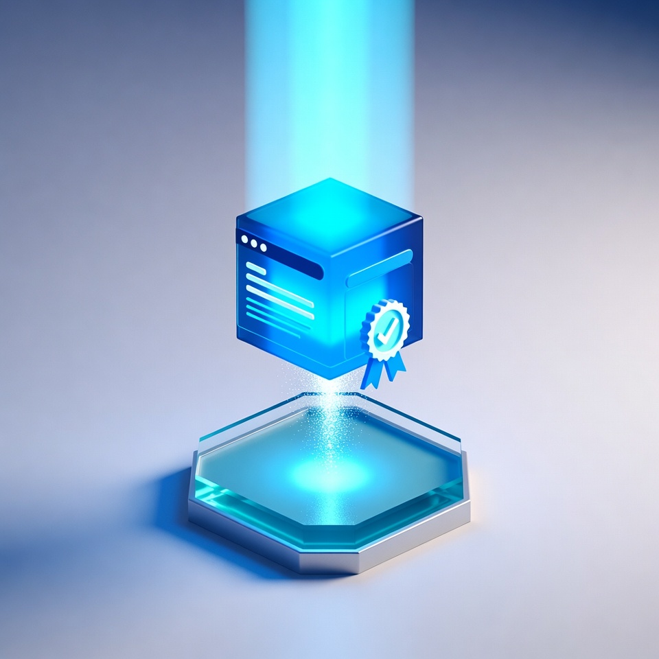 Polished software product rising on a beam of light representing a finished deployment