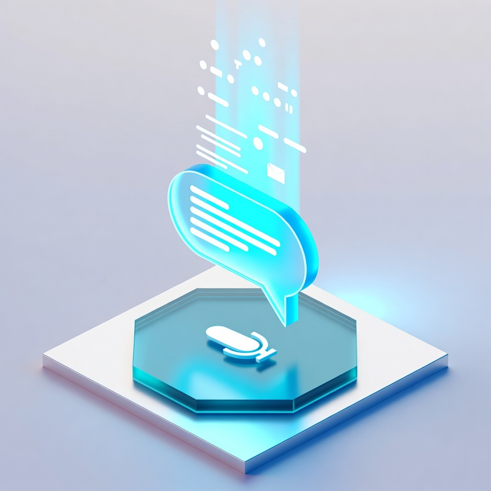 Glowing speech bubble above a hexagonal pedestal representing describing your needs in plain English