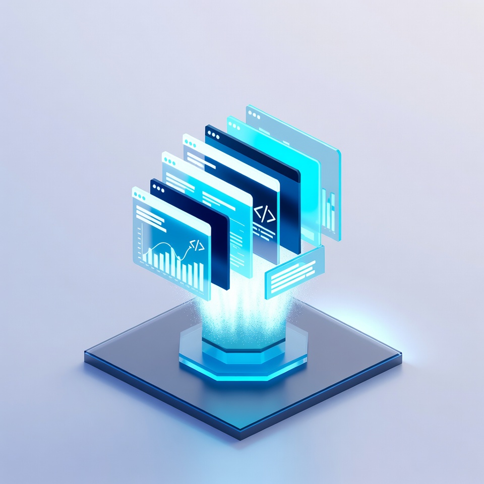 Holographic SaaS application materializing above a hexagonal pedestal, representing software and app building