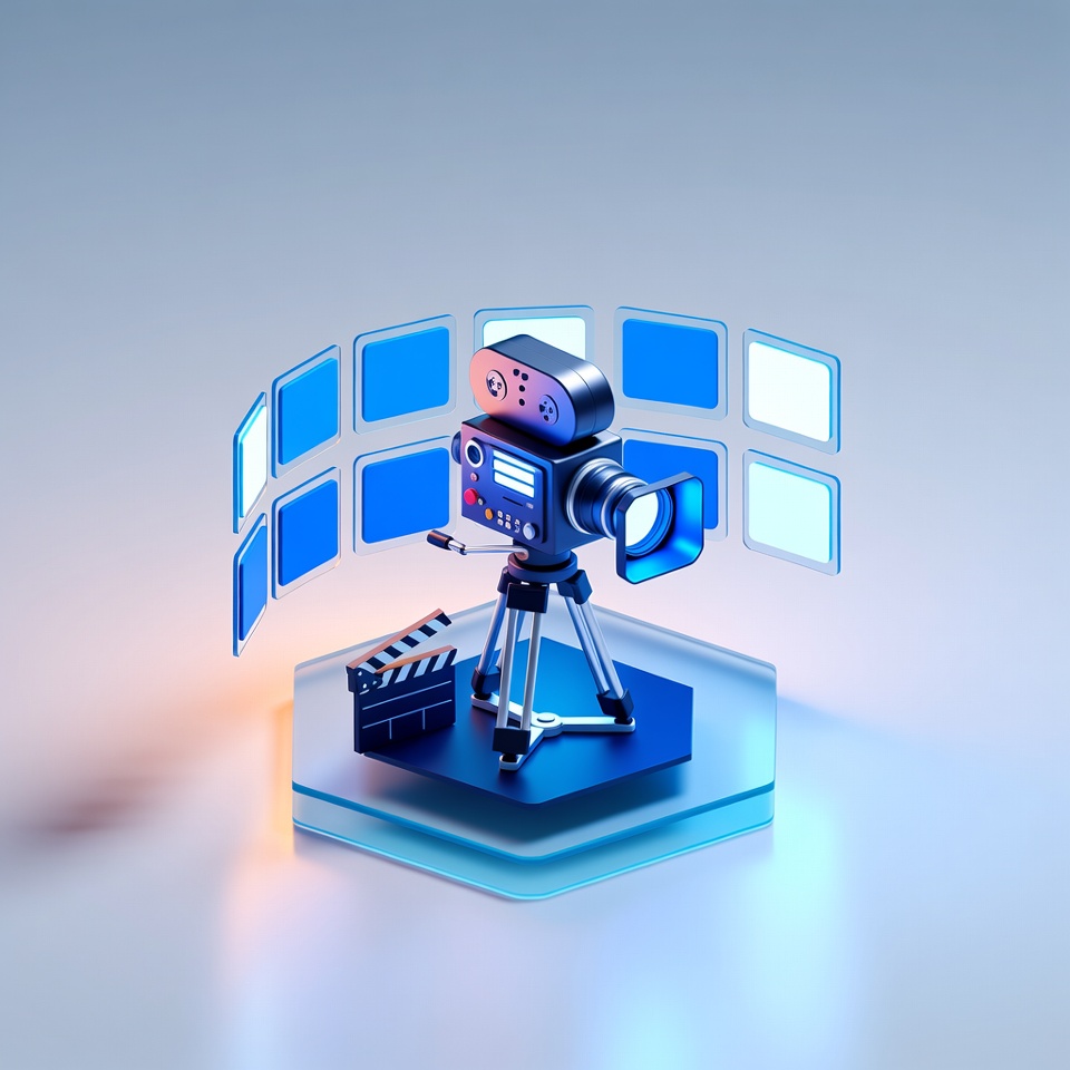 Cinema camera and floating video thumbnails representing content production at scale