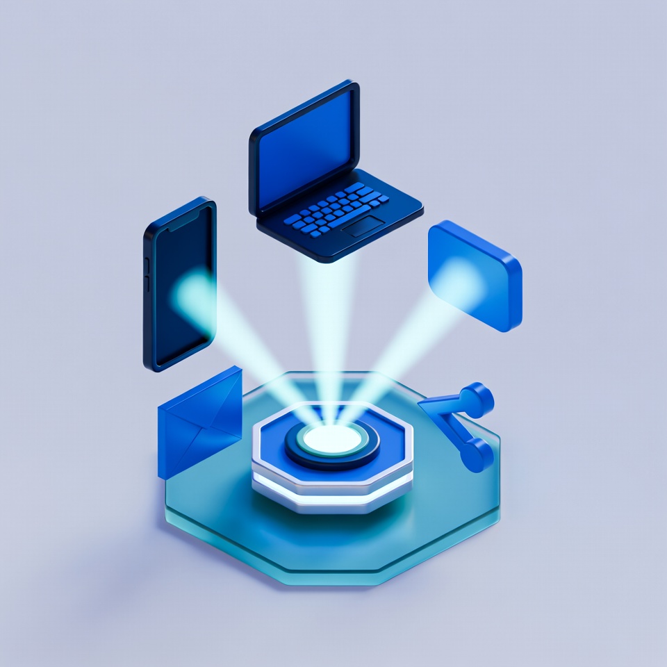 Coordinated multi-channel marketing hub radiating to phone, laptop, email, and social devices