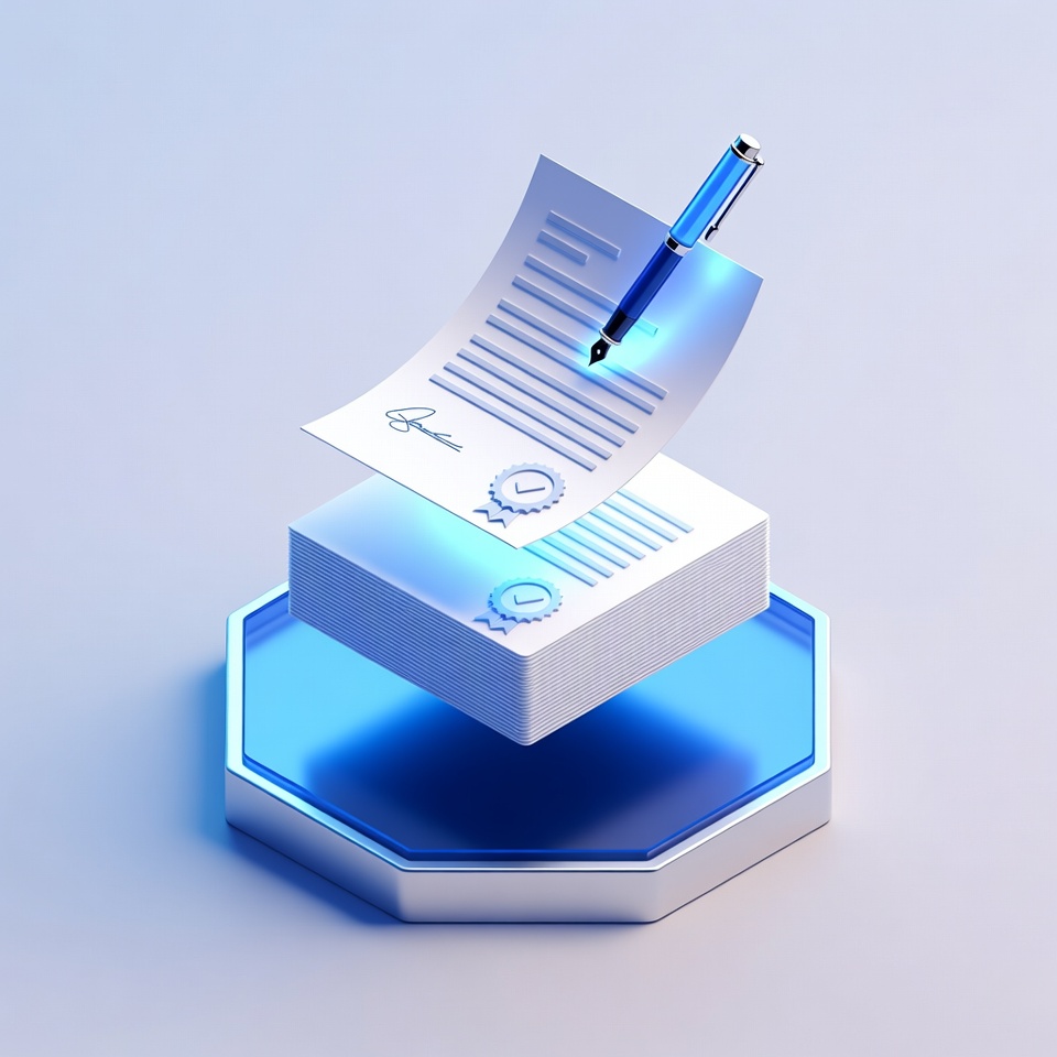 Polished proposal document floating above a pedestal with a glowing signature line