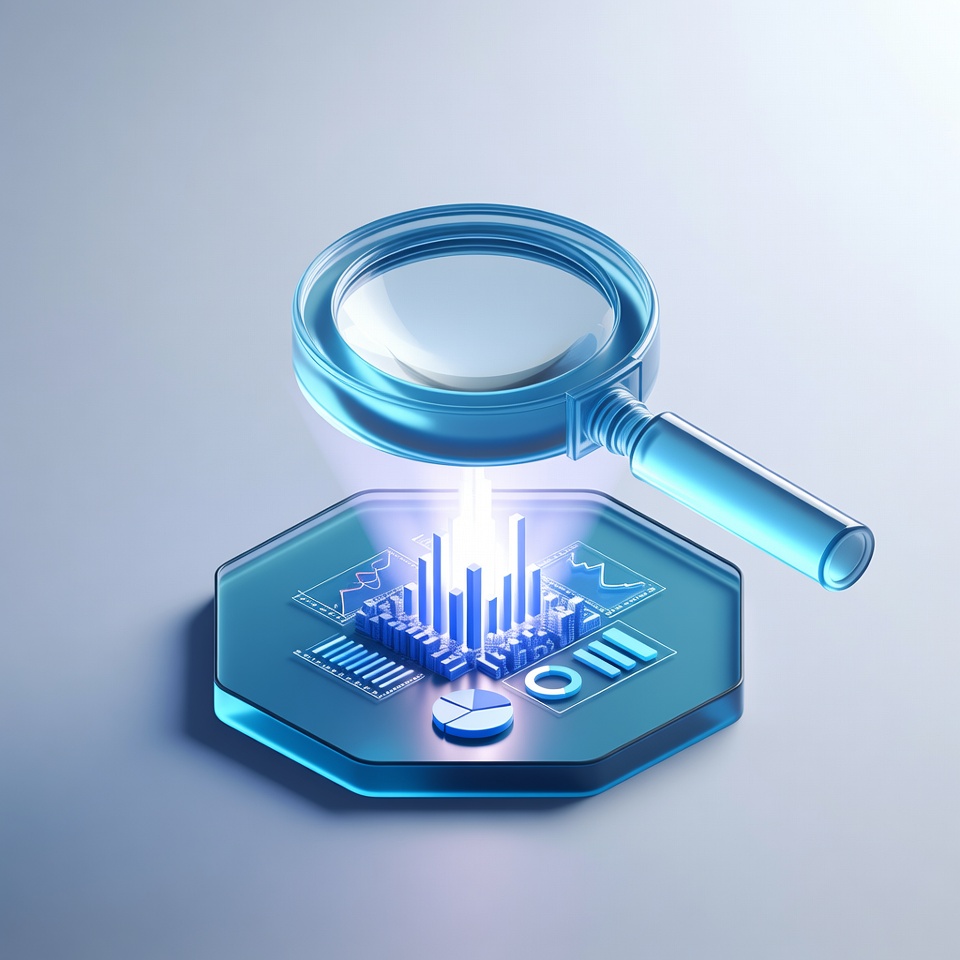 Magnifying glass over a landscape of glowing charts and data visualizations representing market research